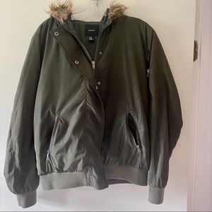 Olive Bomber with Faux Fur Hood